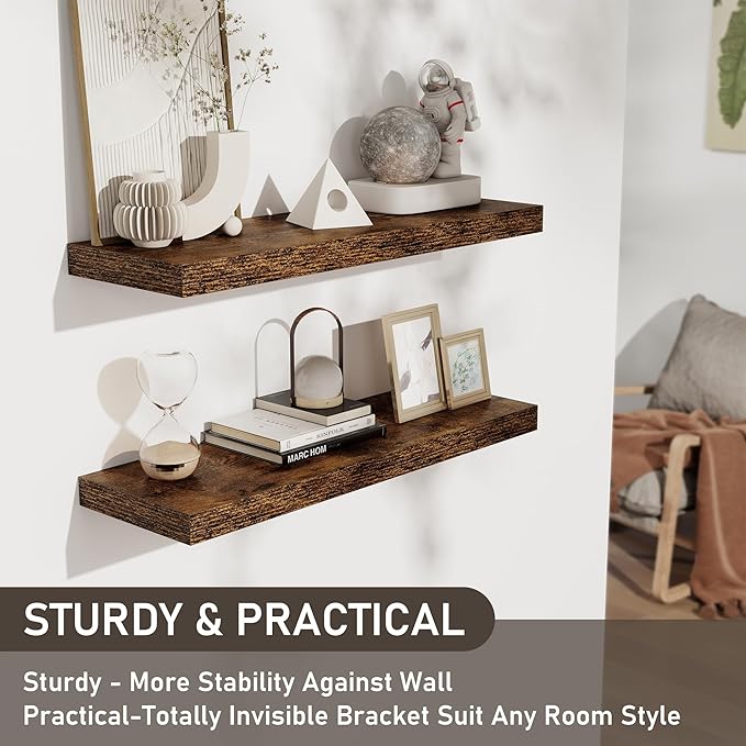 Floating Shelves for Wall - 2 Pack 30 Inch Long Rustic Wooden Display Shelves - 8 Inch Deep Wall Mounted Storage Shelf with Invisible Heavy-Duty Brackets for Books, Bathroom, Kitchen - Rustic Brown