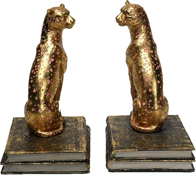 Comfy Hour Gold Cheetah Decorative Bookends, Unique Leopard Wildlife Art Book Ends for Shelves, Heavy Duty Resin Animal Statues for Books, 1 Pair