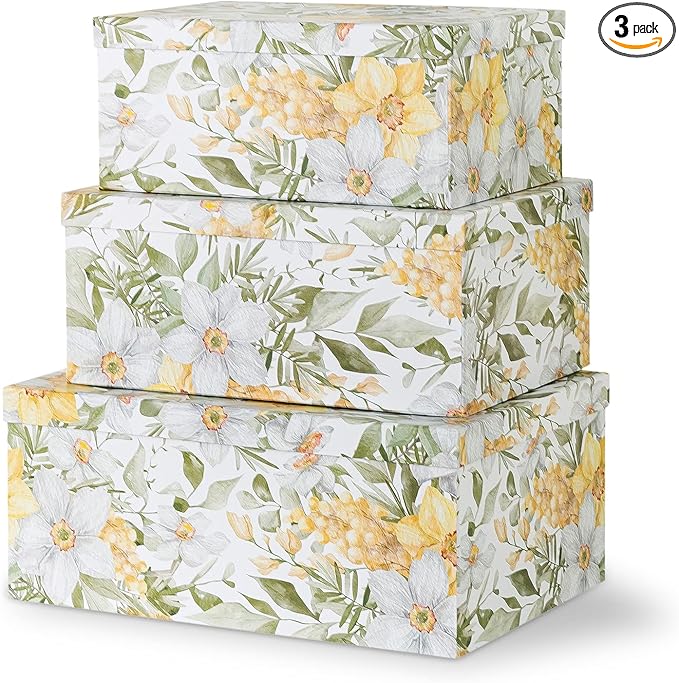 Soul & Lane Garden Glory Decorative Boxes with Lids - Set of 3: Floral Photo Storage, Stackable Small Home Decor Boxes, Nesting Gift Cartons, Boho Print Mache Containers, Cardboard Document Storage