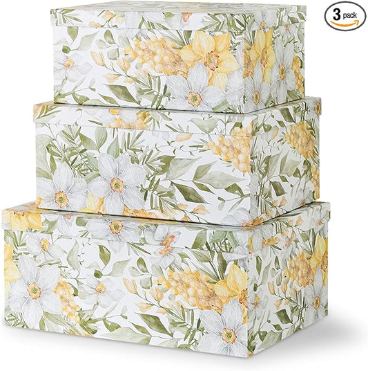 Soul & Lane Garden Glory Decorative Boxes with Lids - Set of 3: Floral Photo Storage, Stackable Small Home Decor Boxes, Nesting Gift Cartons, Boho Print Mache Containers, Cardboard Document Storage