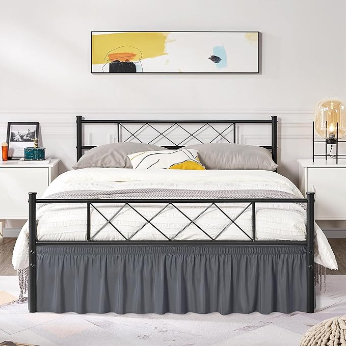 Biscaynebay Wrap Around Bed Skirts with Split Corners for Queen Beds 14" Drop, Dark Grey Elastic Dust Ruffles Adjustable Easy Fit Wrinkle & Fade Resistant Silky Luxurious Fabric Machine Washable