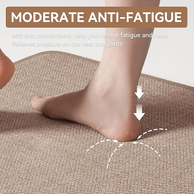 Kitchen Mat Kitchen Rugs Sets of 2 PCS Non Slip Washable, Linen-Like 0.3" Thick Cushioned Absorbent Kitchen Mats for Floor, Mild Anti-Fatigue Sink Laundry Standing Mat, Brown 17"x30"+17"x47"