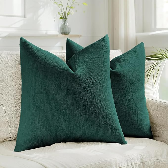 HAUSSY Teal Throw Pillow Covers 22x22 Inch Set of 2,Boho Decorative Faux Linen Throw Pillows Cozy Farmhouse Accent Cushion Covers,Home Decor for Couch Sofa Bed Living Room