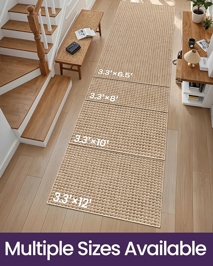 DEXI Hallway Runner Rug 3.3x6.7, Woven Braided Farmhouse Runner Carpet Indoor, Absorbent Thin Long Entryway Runners for Kitchen, Laundry Room, Patio Entrance, Checkered Beige