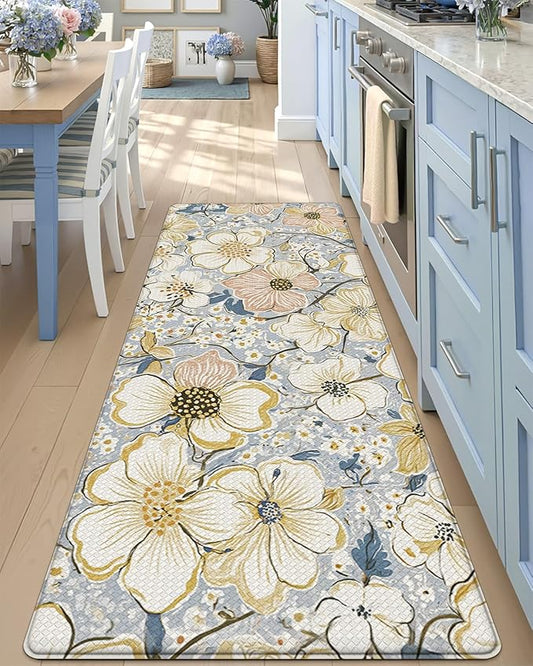 DEXI Kitchen Mats for Floor, 23x59, Cushioned Standing Mat Anti Fatigue, Wide Waterproof Comfort Floral Padded for Laundry Room Office, Blue and Yellow
