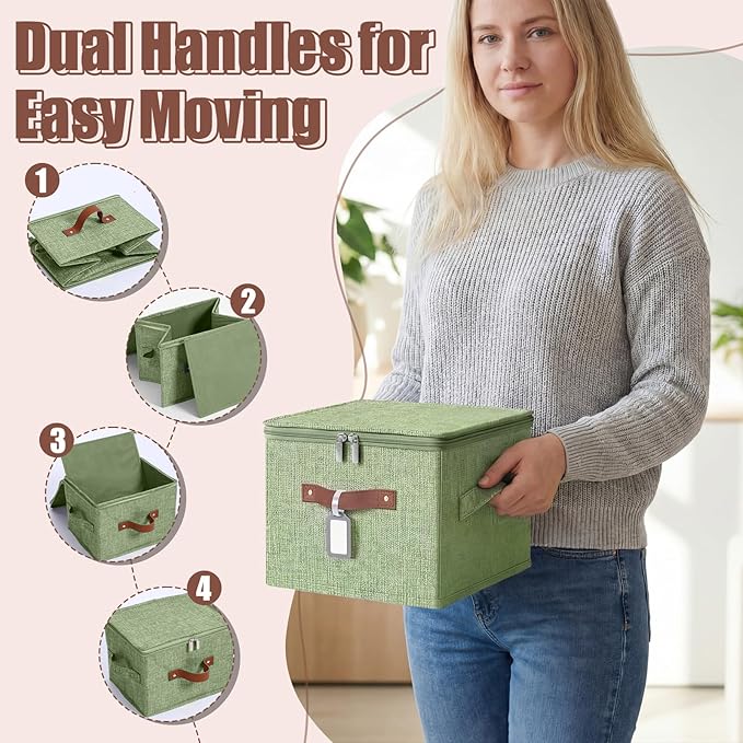 6 Pack Fabric Storage Bins with Lids and Label, 10×8×7Inch Foldable Cotton Linen Cute Storage Boxes with PU Leather Handles for Closet, Bedroom, Shelf, Nursery, Green