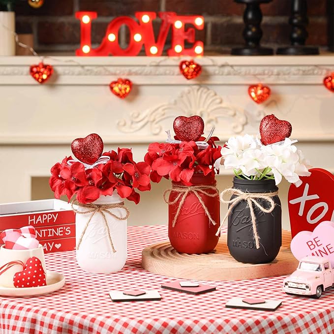 Valentines Table Decor, Valentines Mason Jar Centerpiece for Table with Wood Tray, Black Painted Decorative Mason Jars for Valentine‘s Decorations Kitchen Decor, Mothers Day Gift for Women