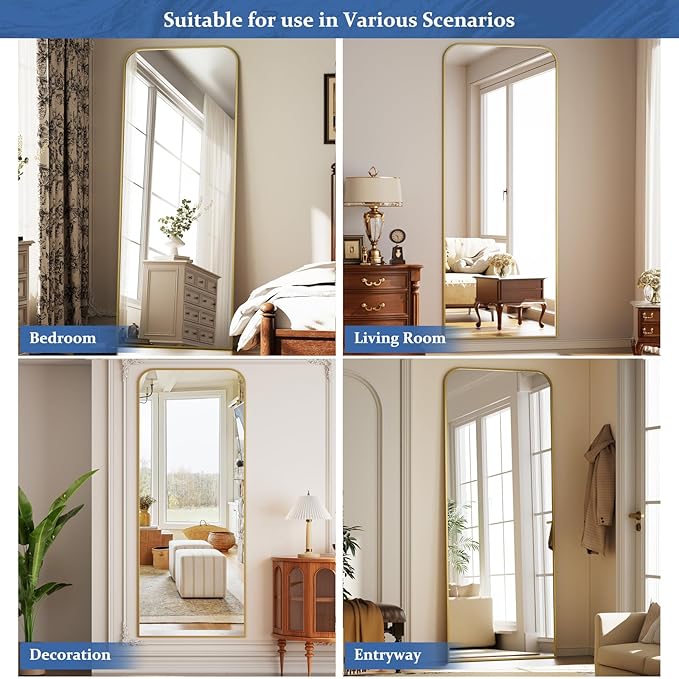 Full Length Mirror 56"x21" Arched Floor Standing Large Mirrors Full Body Mirror with Stand - with Aluminum Frame for Bedroom Living Room, Gold