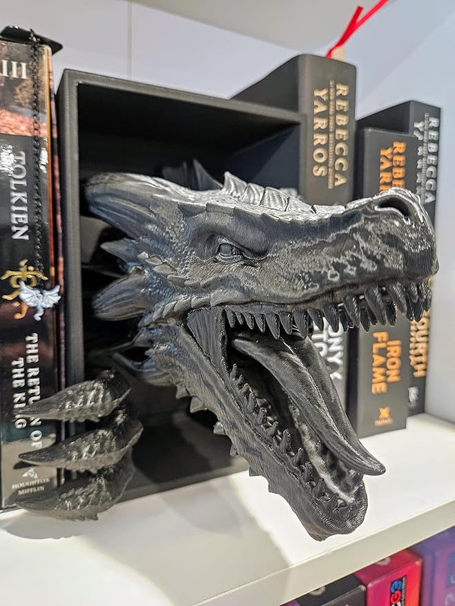 Dragons Awakening Book End – Fantasy Book Nook Insert for Dragon Readers – Unique Home Decor for Bookshelves & Libraries (Black - 2 Arms)