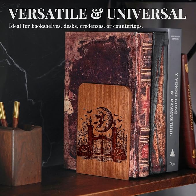 Goth Gifts for Women Men, Gothic Bookends, Heavy Duty Wooden Book Ends for Shelves Decorative(1 Pair, 4.72x6.69 Inches) - Witch