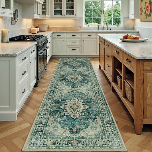 RELEANY Area Rugs 3'x9' Washable Non-Slip, Floral Vintage Distress Print Pattern Medallion Carpet for Living Room Bedroom Dining Room, Dark Blue Vintage