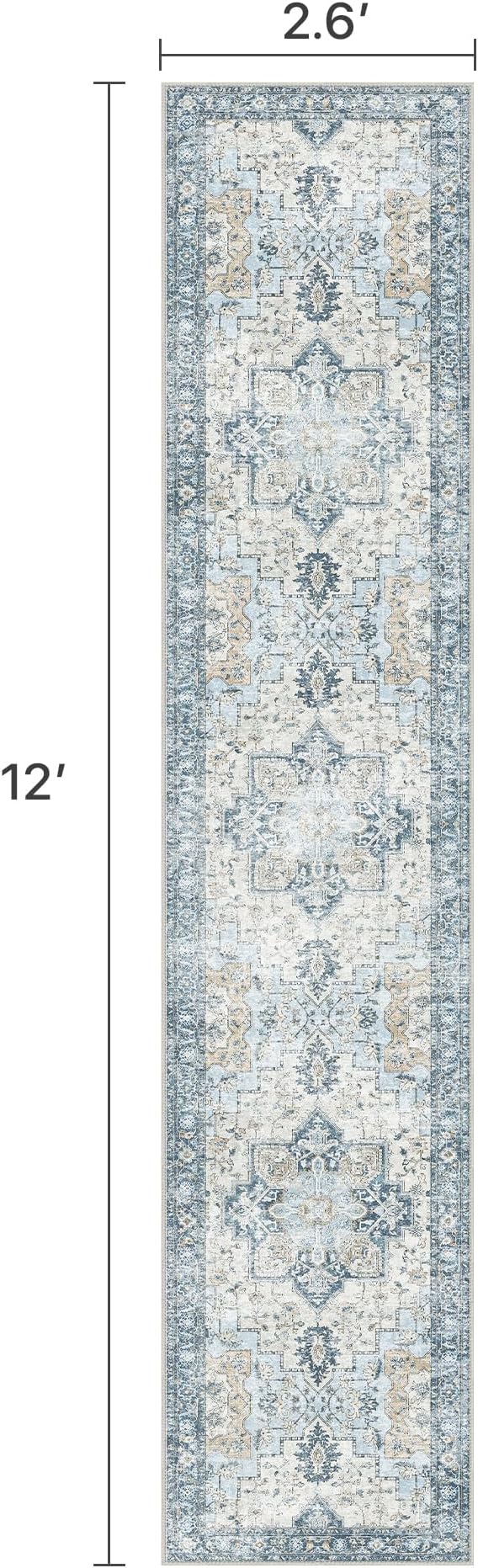 BESBLEE Runner Rug 2'6''x12, Non Slip Vintage Machine Washable Hallway Runner Rugs, Low Pile Lightweight Mat for Hallway, Entryway, Bedroom, Kitchen and Corridor, Blue