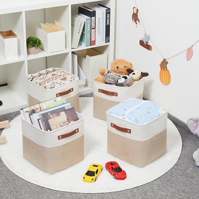 HNZIGE Foldable Storage Cubes Baskets for Organizing Set of 4, Fabric Cube Storage Bins 11 x11, Collapsible Storage Basket Bins Cube with Handles for Shelves Home Nursery(White Beige)