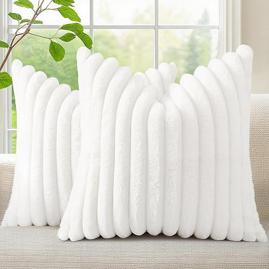 decorUhome Faux Fur Spring Throw Pillow Covers 16x16 Set of 2, Decorative Soft Plush Striped Neutral Couch Pillow Covers with Velvet Back for Sofa, Bed, Living Room Home, White