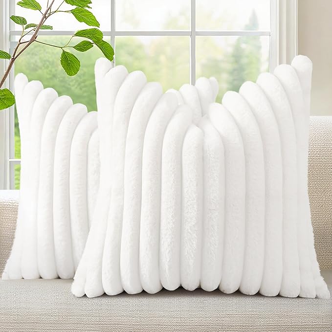 decorUhome Faux Fur Spring Throw Pillow Covers 18x18 Set of 2, Decorative Soft Plush Striped Neutral Couch Pillow Covers with Velvet Back for Sofa, Bed, Living Room Home, White