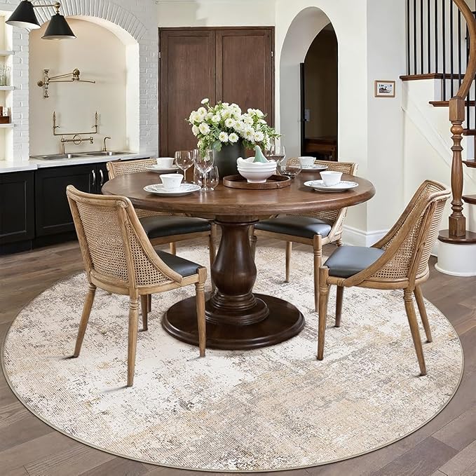 WondRg 8x8 Washable Round Rug Beige Grey Abstract Living Room Bedroom Area Rug Neutral Modern Non Slip Soft Low Pile Indoor Carpet for Dining Room Office Entryway