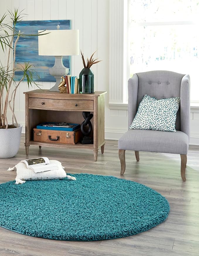 Unique Loom Solid Shag Collection Area Rug (4' 1" Round, Deep Aqua Blue)