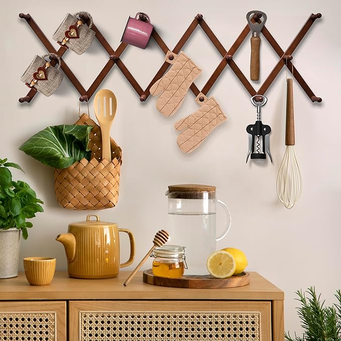 Expandable Wooden Coat Rack Hanger – Accordion Wall Mounted Pine Wood Hooks – Hand Made Vintage Expending Pegs – Hang Coat, Jacket, Hat, Leash, Towel, Mug, Bag – 17 Hook, Dark Walnut