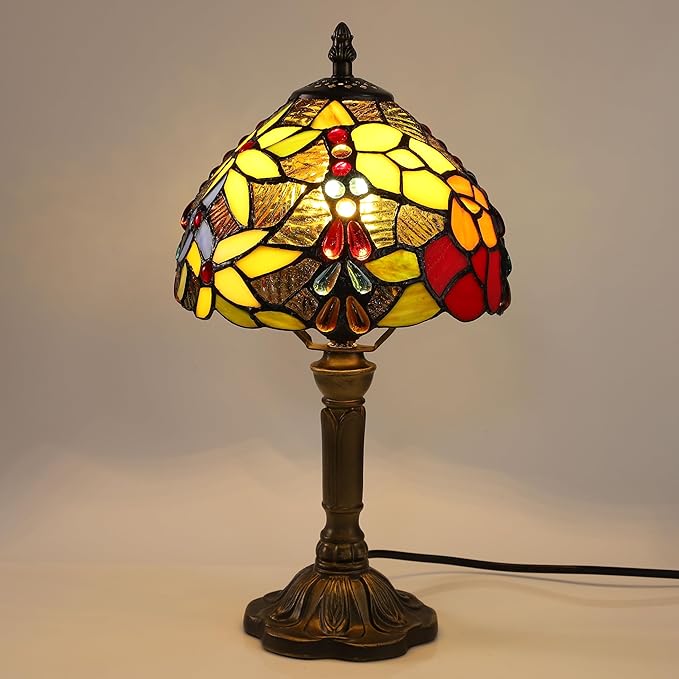 Tiffany Lamp Rose Flower Stained Glass Table Lamp,3 Color-Temperature Nightstand Bedside Home Office Desk Lamp Accent Lamp for Living Room,Bedroom,Hotel+LED Bulb,8X8X15 Inch