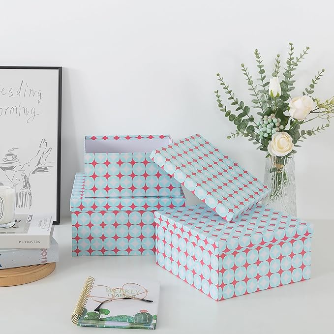 Soul & Lane Set of 3 Decorative Boxes with Lids, Square 11" x 11" Nesting Cardboard Storage for Home Décor in Green and Coral, Keepsake and Memory Boxes for Organizing, Retro Mint