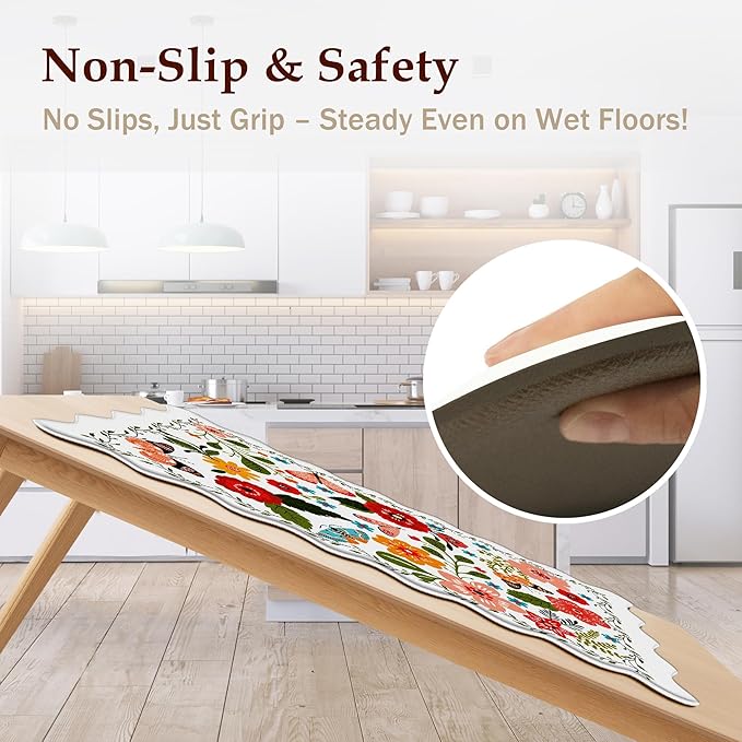 Scalloped Kitchen Mats for Floor 2PC Cushioned Anti Fatigue Kitchen Mats Rugs Waterproof Non Slip Boho Floral Comfort Foam Standing Mat for Sink Laundry, White,17.3x30+17.3x59