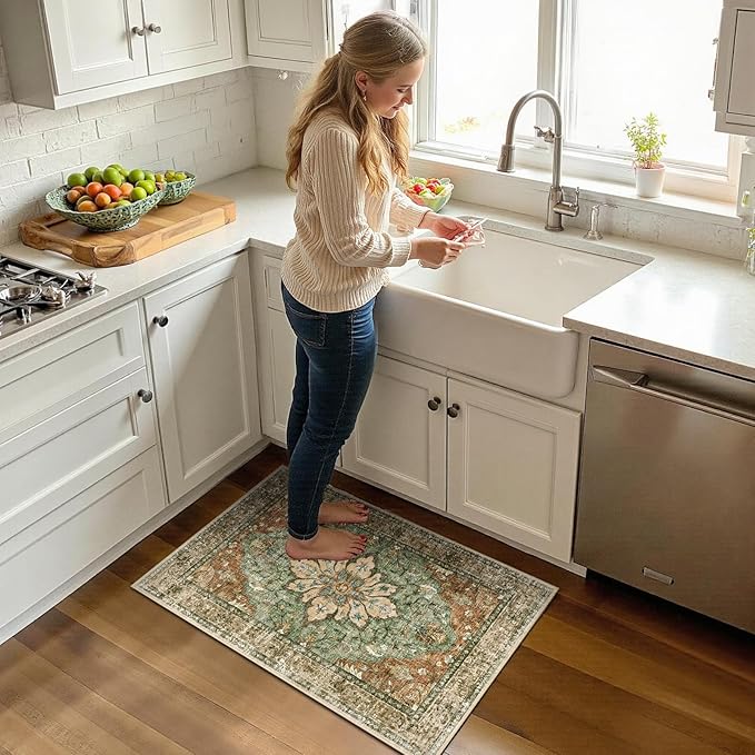 RELEANY Area Rugs 2'x3' Washable Non-Slip, Floral Vintage Distress Print Pattern Medallion Carpet for Living Room Bedroom Dining Room, Brick Red Rust Neutral Brown Burnt Orange Green