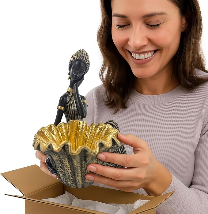 African Woman Sitting Figurine with Leaf-Shaped Bowl – Resin Statue, Black and Gold Cultural Sculpture, African Home Decor Trinket Dish