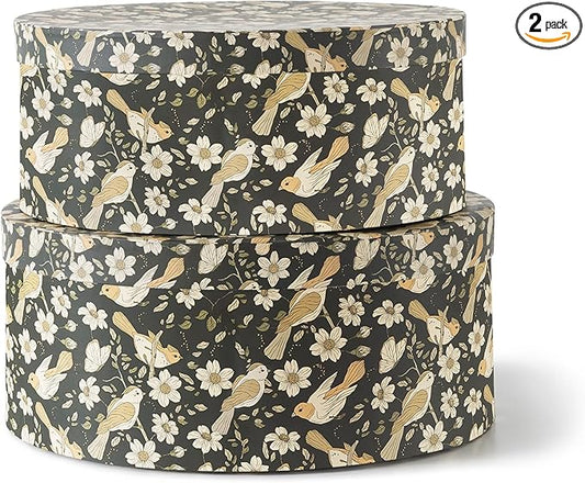 Soul & Lane Large Oval Cardboard Decorative Storage Boxes with Lids - Midnight Blossom Serenade, Set of 2 Cardboard Boxes for Flowers and Gifts, Nesting Memory Containers for Keepsakes and Organizing