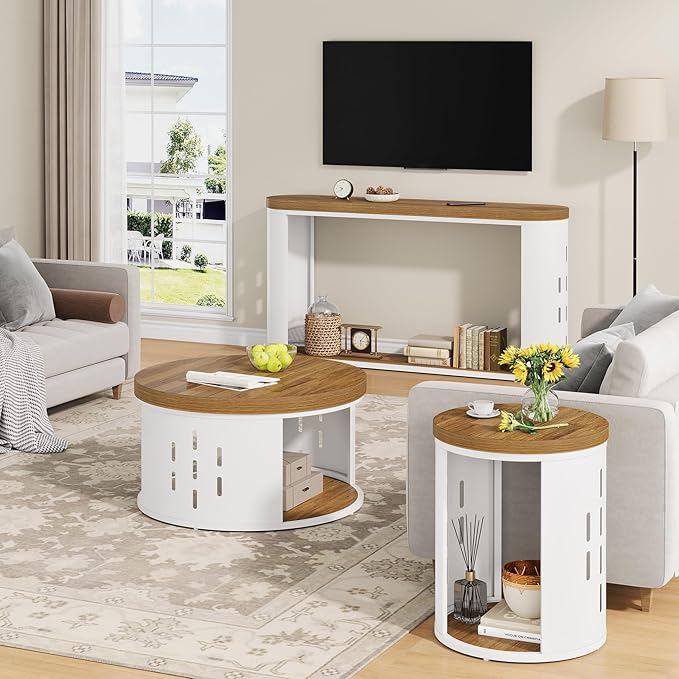 Rustic Round End Table, 2-Tier Side Table with Storage Shelf, Small Nightstand for Living Room and Small Spaces, White Metal Frame (Light Brown, Set of 1)