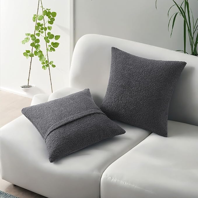 HAUSSY Set of 2 16x16 Decorative Throw Pillow Covers, Soft Cozy Textured Boucle Couch Cases, Home Decor for Couch Bed Living Room, Dark Grey