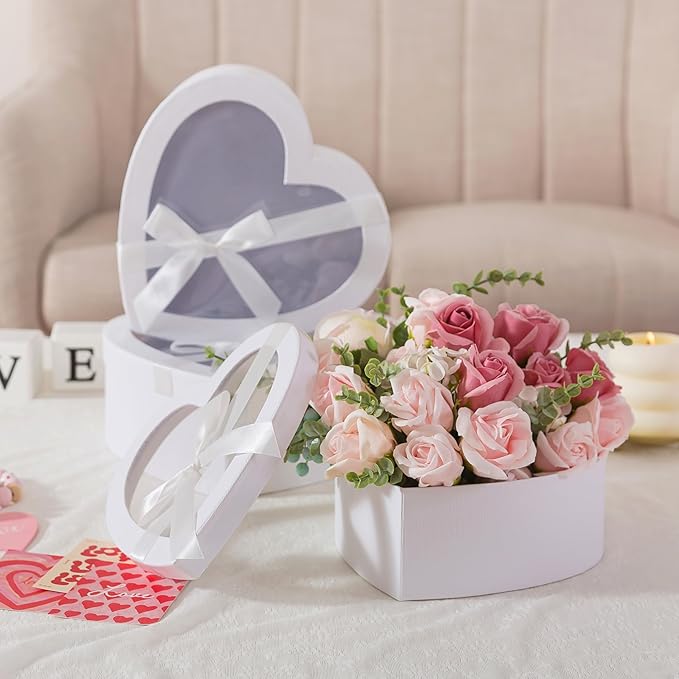 Soul & Lane White Heart Shaped Gift Boxes with Clear Lids and Decorative Bows: Set of 3 Cardboard Heart Boxes for Flowers, Chocolates, Large Box for Flower Arrangements and Valentine’s Day Presents