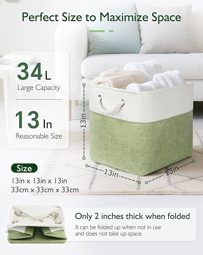 13x13x13 Storage Cube Bins,Set of 4, Large Foldable Fabric Storage Cubes with Handles for Organizing Home, Closet, Shelf, Office(White&Green)