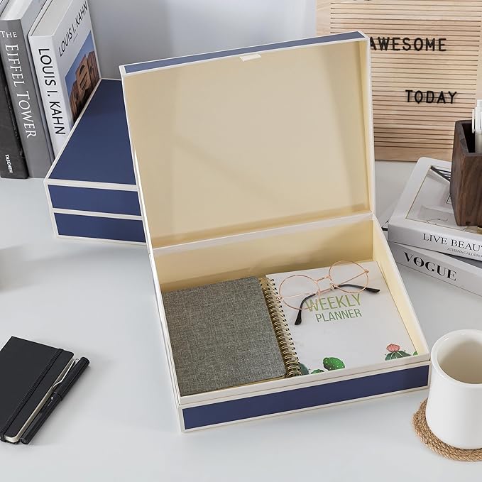Soul & Lane Decorative Cardboard Storage Boxes with Lids - Set of 2, Memory Boxes for Keepsakes, Home Office Photo Storage for Pictures, Photo Albums, Documents, Stationery, Heritage Blue
