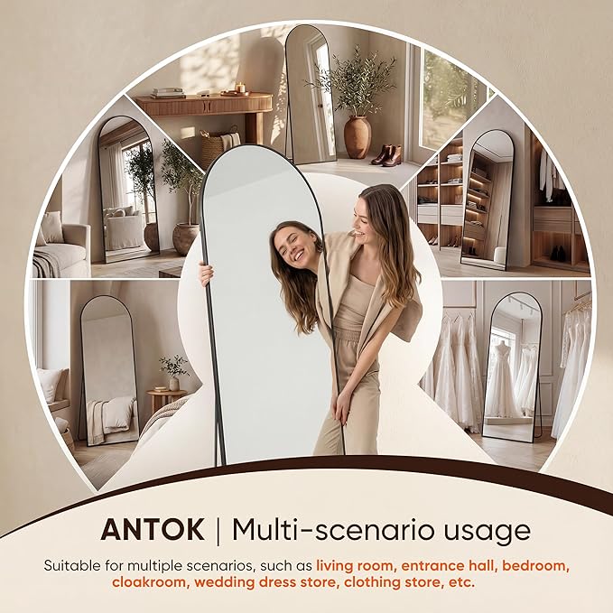 Antok Full Length Mirror, 58"x21" Floor Mirror, Arched Floor Standing Freestanding Arch Full Body Mirrors with Stand for Bedroom, Hanging Mounted for Living Room Cloakroom,Black