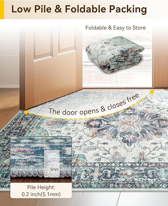RELEANY Area Rugs 6ft Washable Non-Slip, Floral Vintage Distress Print Pattern Medallion Carpet for Living Room Bedroom Dining Room, Green Navy Blue White Red Teal Colorful
