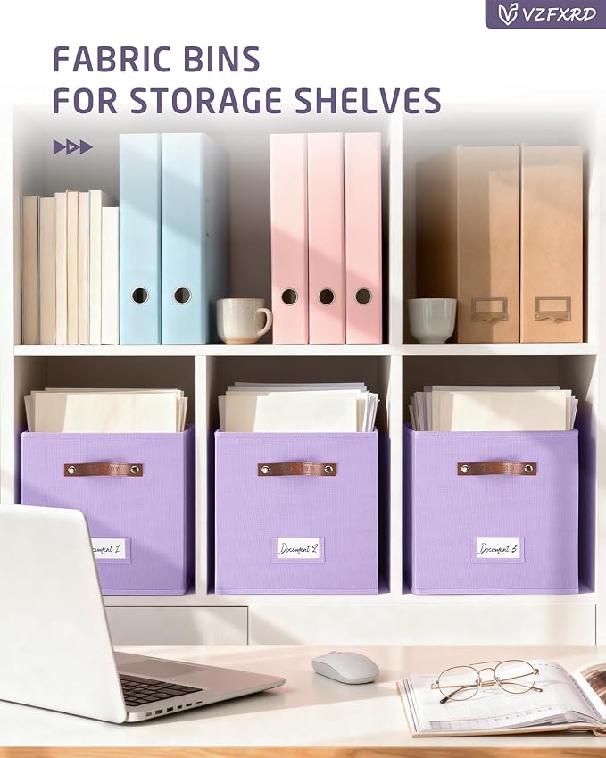 13 Inch Cube Storage Bin Fabric Basket with Handles and Labels, Cube Storage Organizer for Closet, Bedroom, Living Room (Purple,6 Pack)