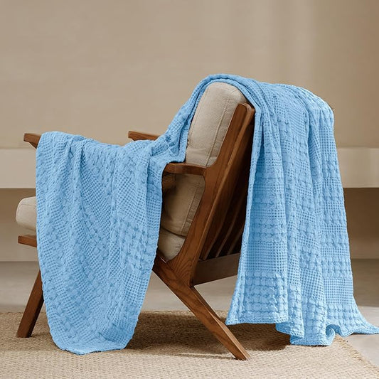 PHF 100% Cotton Waffle Weave Throw Blanket, Soft Lightweight Breathable Cozy Throws for Couch Bed Sofa, 300 GSM Luxury Aesthetic Blanket Gift for Home Decor & Office, 50"x60", Airy Blue