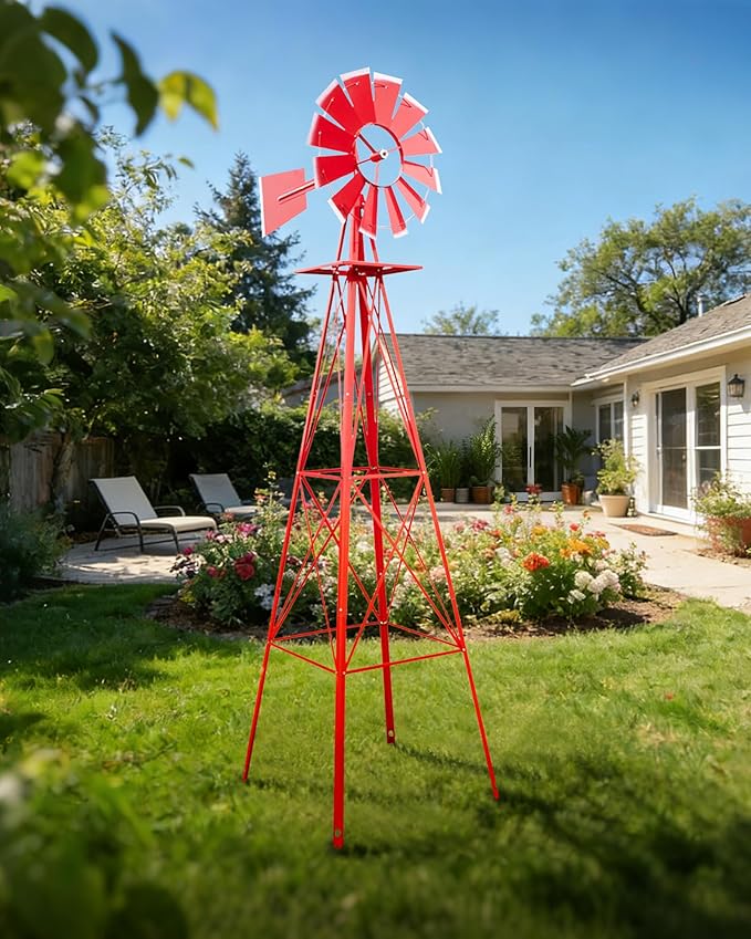 8FT Windmill for Yard Garden Decoration with Weather Vanes，Heavy Duty Outdoor Wind Mills, Large Metal Outdoor Windmill,Weather Resistant,Red