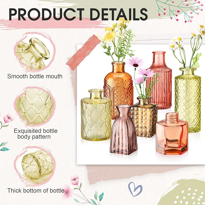 Yaomiao 30 Pcs Vases Bulk Colored Flower Glass Bud Vases Valentine Vintage Colored Glass Bottles Colorful Rustic Embossed for Home Wedding Table Decorations Gifts(Orange Yellow Series)