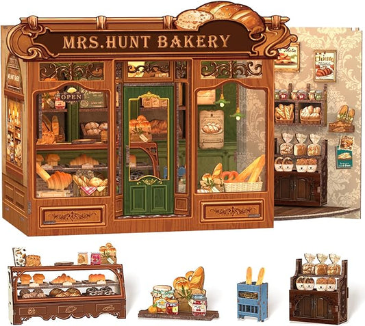 Cutefun Book Nook Kit - DIY Miniature Bread Shop Booknook Kits for Adults and Teens, 3D Wooden Puzzle Bookend Bookshelf with LED Light, Gifts for Family and Friends (Mrs.Hunt Bakery)