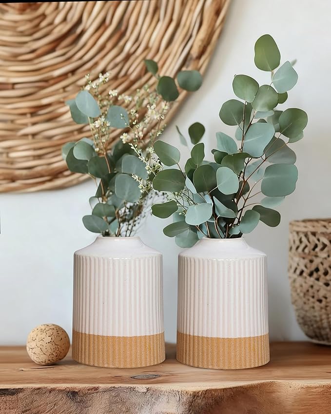 White Ceramic Vases，Flower Vases for Farmhouse Decorative Vases for Dining Table, Living Room, Bedroom, Kitchen, or Office Decor, Set of 2