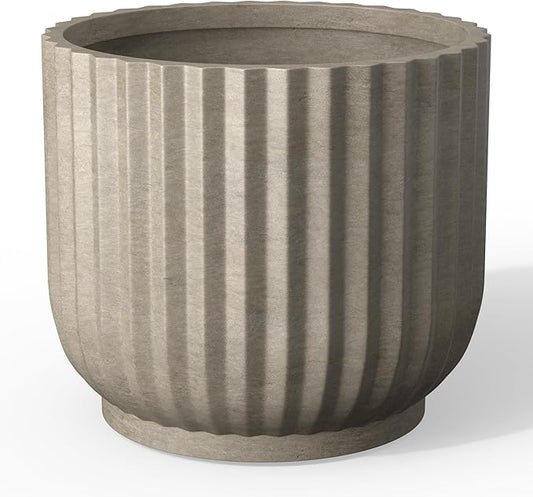 Kante Round Fulted Planter, 14 Inch Dia Large Concrete Plant Pots with Drainage Hole and Rubber Plug, Modern Decor for Indoor Outdoor Plants, Flower, Weathered Concrete