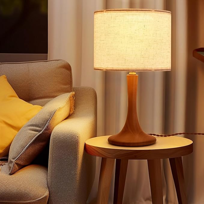 2 Pack Bedside Table Lamp for Bedroom, Nordic Plug in Fabric Shade & Solid Wood Base Desk Lamp, Plug & Play Red Wood Color Nightstand Lamp for Living Room, Office, Switch Power Cord【Bulb Not Included】