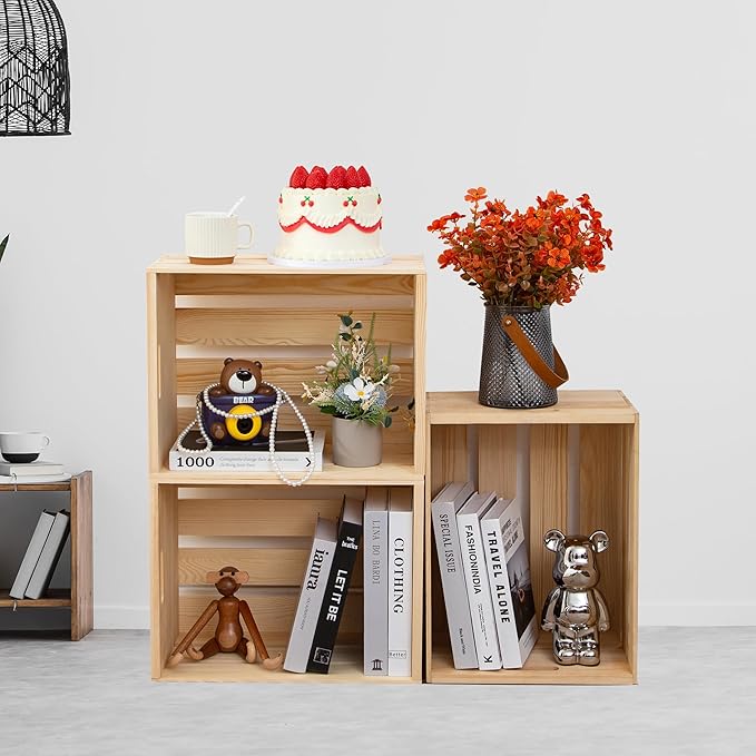 3 Pieces Large Pine Wood Crates For Storage, Unfinished Natural Wooden Crates, 17" x 13" x 8.9" Each, Holds Up to 50 Pounds