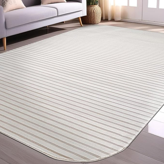 Beverly Rug Modern Geometric Area Rug 5x7 Low-High Pile Durable Soft Abstract Striped Indoor Rugs for Living Dining Room Office Stain Resistant Non Shedding Casual Indoor Carpet Beige White 5 x 7