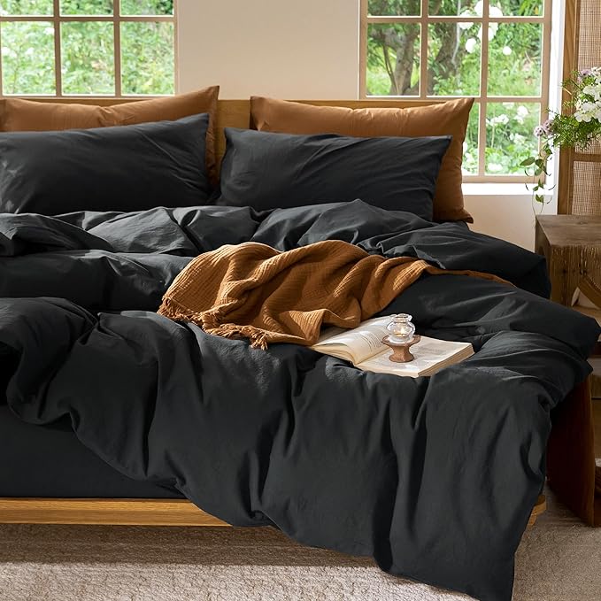 MooMee Bedding Duvet Cover Set 100% Washed Cotton Linen Like Textured Breathable Durable Soft Comfy (Solid Black, Queen 90"x90")