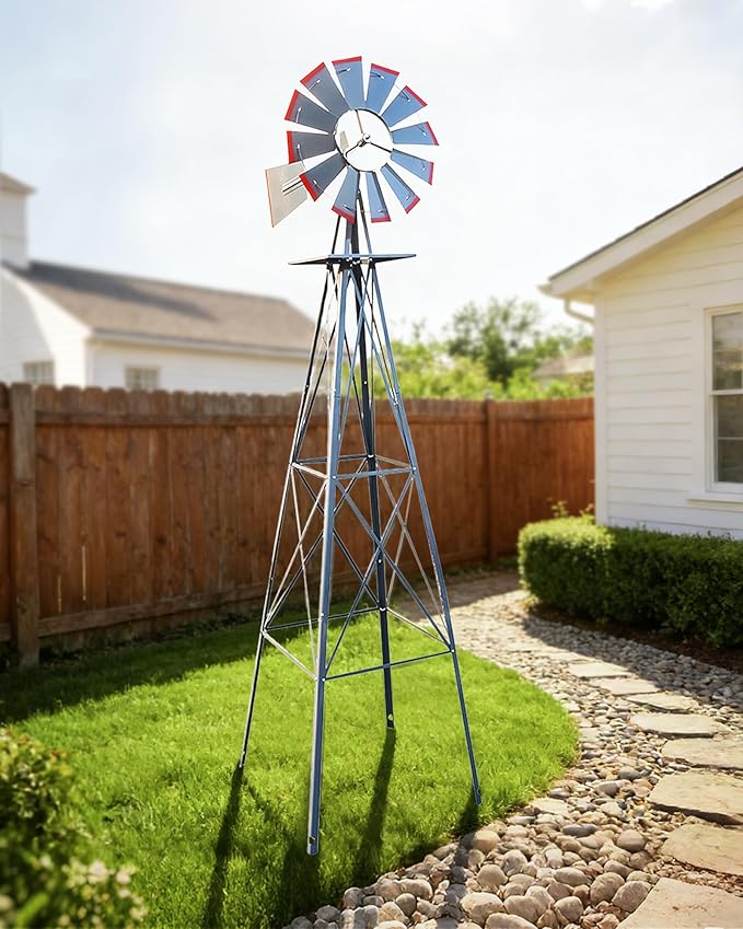 8FT Windmill for Yard Garden Decoration with Weather Vanes，Heavy Duty Outdoor Wind Mills, Large Metal Outdoor Windmill,Weather Resistant,Gray