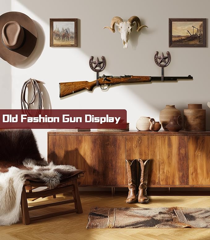 Adowes Gun Rack for Wall Western Shotgun Rifle Rack Wall Mount Metal Wall Gun Hanger Holder Display for Sword Bow Firearm Texas Star and Horseshoe
