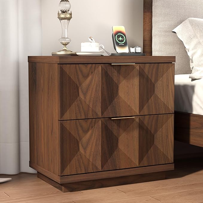 Yechen 23.6" Walnut Nightstand with 20W Faster Charging Station, Modern Bedside Table with 3D Geometric Drawers Front Panel, Wood 2 Drawer Night Stand with Storage, Accent End Table for Bedroom