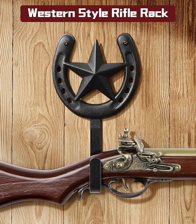 Adowes Gun Rack for Wall Western Shotgun Rifle Rack Wall Mount Metal Wall Gun Hanger Holder Display for Sword Bow Firearm Texas Star and Horseshoe